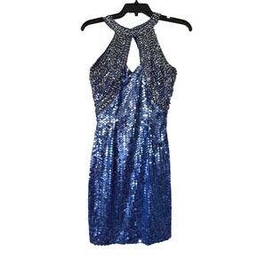 Niteline Vintage Blue Sequin Halter Mini Dress Silk Beaded Cocktail Womens 10